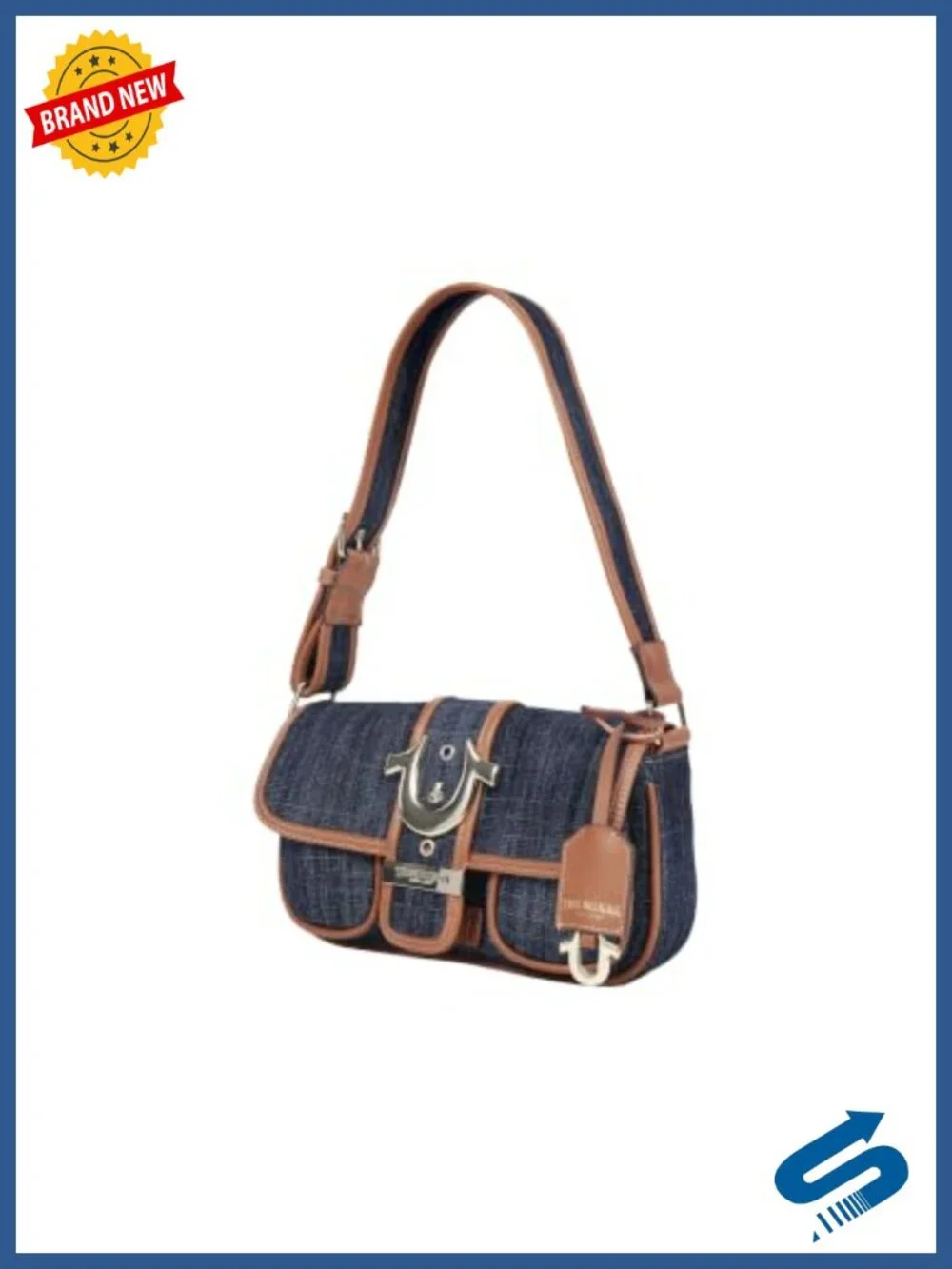Denim Satchel with Horseshoe Hardware, 4 Pockets, Adjustable Strap
